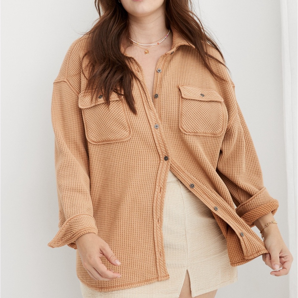 Aerie Women’s LumberJane Waffle Shirt Longsleeve Oversized Cappuccino Size L